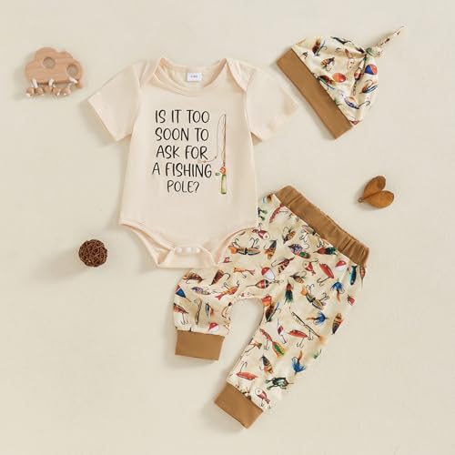 BHMAWSRT Baby Boy Clothes Letter Short Sleeve Romper Top&Pants Hat Newborn Going Home Fishing Pattern Outfits2