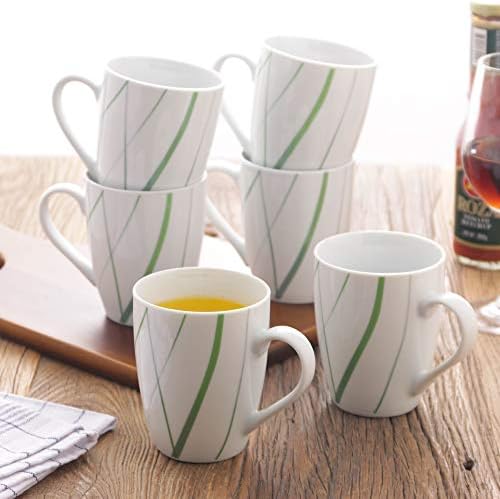 VEWEET 'Aviva', 6-Piece Mug Sets 360ml Porcelain Coffee Cups Ivory White Green Lines Tea Mugs, Height 10.3cm Ideal for Home/Office