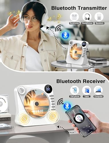 Image of CD Player Bluetooth with HiFi Dual Speaker,Desktop CD Player for Home with Remote Control,Dust Cover,LCD Display,Sleep Timer,EQ Sound,USB /AUX,Kids,Gift,White
