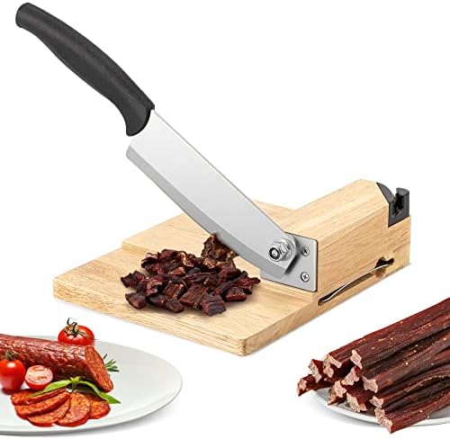 LANUEVA Biltong Slicer, Manual Beef Jerky Cutter with Detachable Knife, Built-in Knife Sharpener, Wood Cutting Board, Guillotine Slicer for Cheese Sausage Ham Salami Bacon