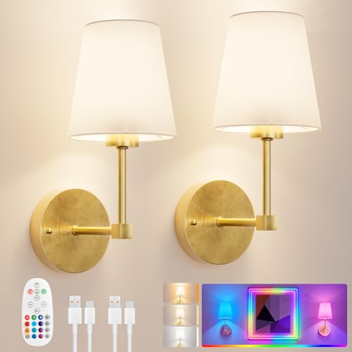 LGMCF Akku Wandleuchte Kabellose Set, 6000mAh wiederaufladbare Wandleuchte mit Fernbedienung, 15 RGB Farben, Timer, Dimmbare Wandleuchten für Schlafzimmer, Wohnzimmer, Flur, Golden