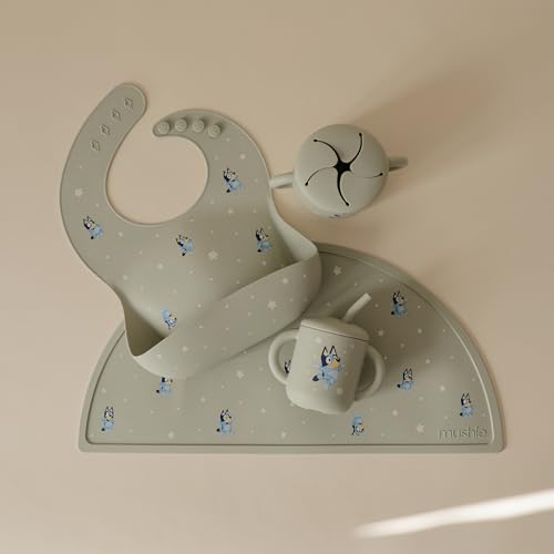 Image of mushie x Bluey Silicone Baby Bib | Adjustable Fit Waterproof Bibs (Bluey Sage)