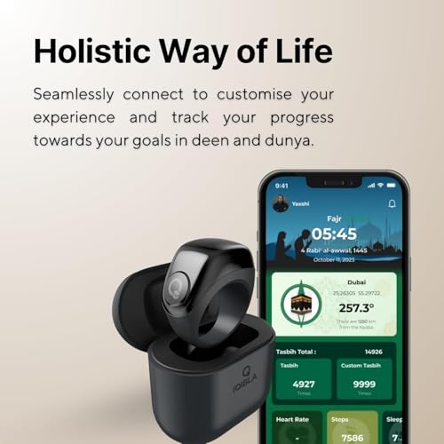 خاتم تسبيح ذكي بشاشة اوليد وتصميم مقاوم للماء بمعيار IPX67، عداد تسبيح وذكر رقمي وتذكير بأوقات الصلاة مع صندوق شحن و3 حلقات خواتم قابلة للتبديل (لون أزرق)