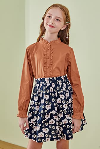 Image of SOLOCOTE Girls White Blouse Ruffle Long Sleeve Button Down Shirts Princess Cotton Loose Soft Tops Spring and Summer, 190903 11-12 Brown