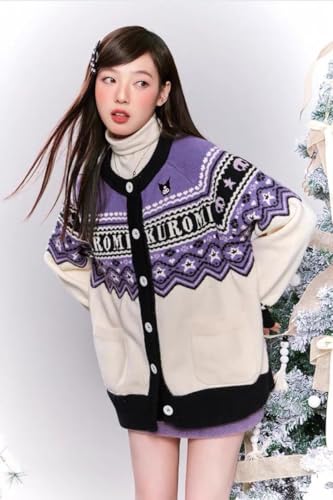 Image of Kawaii Cartoon Cardigan Sweaters for Women Girls Long Sleeve Open Front Knit Cardigans Plaid JK School Uniform