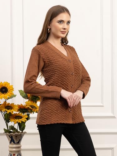 Image of Women's Winter Woolen Cardigan | Full Sleeve Textured Buttoned Sweater for Women | Soft Wool V-Neck Warm Knitted Outerwear for Office & Casual Wear