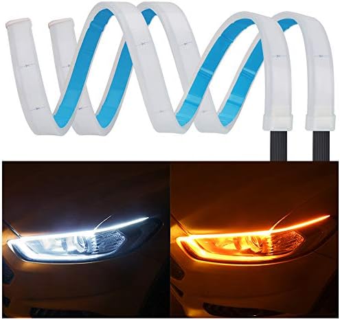 2Pcs 24 Inches DRL LED Light Strip, YANF Car Flexible Daytime Running Lights Dual Color White-Amber Sequence LED Strip Tube Switchback Headlight & Turn Signal Lights Tube Fit for Any 12V Cars