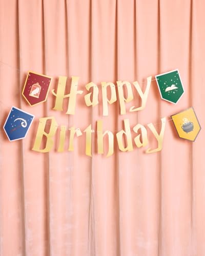 xo, Fetti Wizard Happy Birthday Banner - Gold Foil, 6.5 Ft. | Bday Garland, Kids Party Decoration, Magic Theme Sign, Photoshoot Backdrop