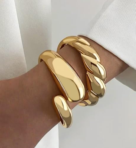 Image of Chunky Gold Bangle Bracelets for Women, Dainty 14k Gold Plated Big Stackable Bangles Set, Trendy Statement Cuff Bracelet Stack Fashion Jewelry Gifts