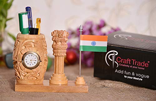 Image of Craft Trade 14x12 Cm Round Wooden Pencil Holder with Clock Ashok Stambh and Indian Flag - Brown Carved