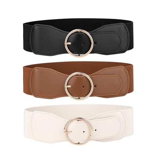 JASGOOD 3 Pack Women Wide Elastic Waist Belt for Dress Ladies Stretch Belt with Gold Round Buckle