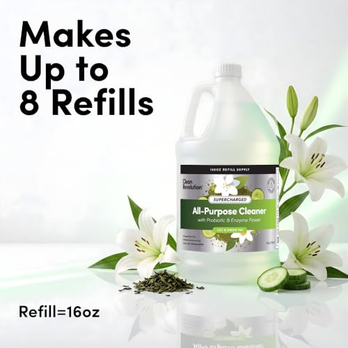 Image of Clean Revolution SuperCharged All Purpose Cleaner Refill with Smart Probiotic + Enzyme Complex, Multi-Surface Kitchen Bathroom & Floor Cleaner, Lily & Green Tea, 128 Fl Oz