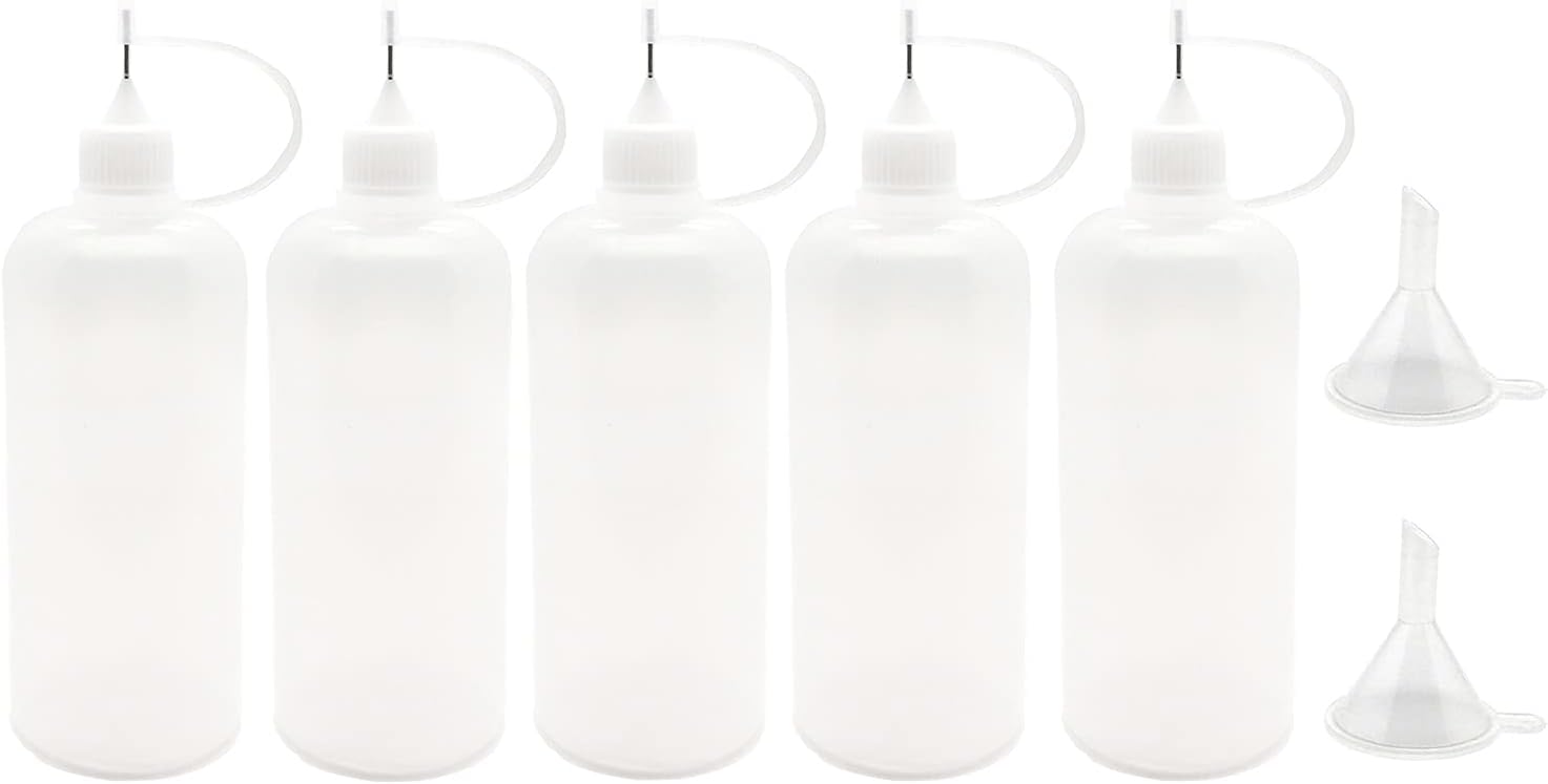 5 Pcs Needle Tip Bottle, 4 Ounce Precision Tip Applicator Bottles, with 2 Pcs Mini Funnel for Paper Quilling DIY Craft, White Lid