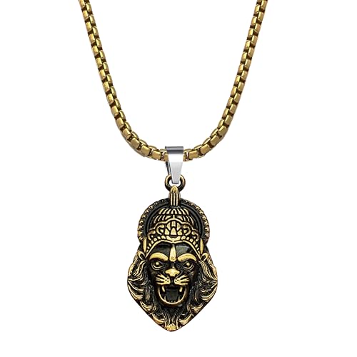 Image of M Men Style Narasimha Metal Pendant With 22 Inch Box Stainless Steel Chain | Lord Narshinha Trident Necklace | Hindu Religious Jewelry for Men & Women