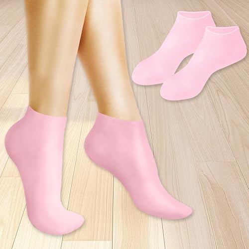 2 Pairs Pink Silicone Socks for Dry Cracked Feet Womens Moisturizing Foot Socks Fits Up to Size 10