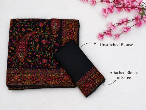 Image of TRENDMALLS Women's Georgette Multi Colour Resham Thread Embroidery with Siroski work Saree with Unstitched Blouse Piece