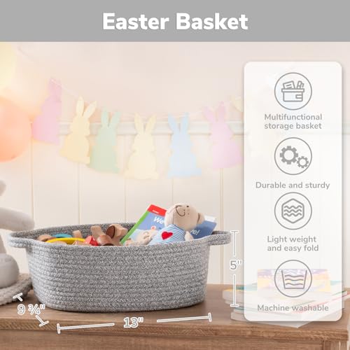 Image of CHICVITA Small Woven Rope Gift Basket, Decorative Boo Basket, Grey | 13 inch x 10 inch x 5 inch Storage Baskets for Baby Shower & Nursery Essentials, Fits Shelf & Closet Organization, Built-In Handles