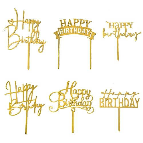Kryzalite® 6 piezas de accesorios dorados para tartas de cumpleaños, diferentes modelos, accesorios acrílicos, decoración de cumpleaños, haz que tu cumpleaños brille (dorado)