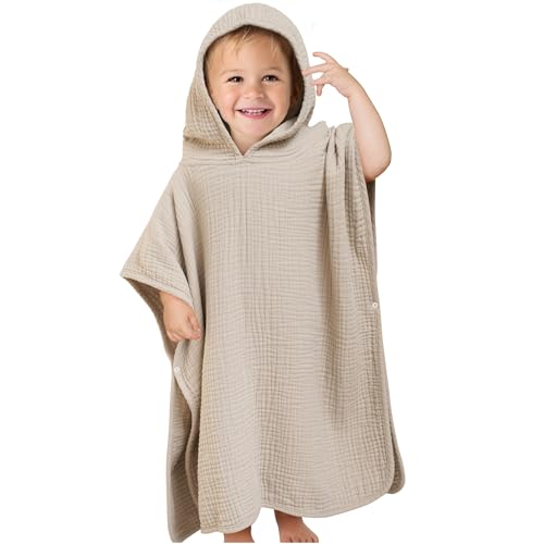 Image of Konssy Muslin Hooded Baby Towels 100% Cotton Baby Bath Towel for Newborn Absorbent and Soft Baby Towels Keep Baby Cozy and Dry for Boy and Girl (Wheat)