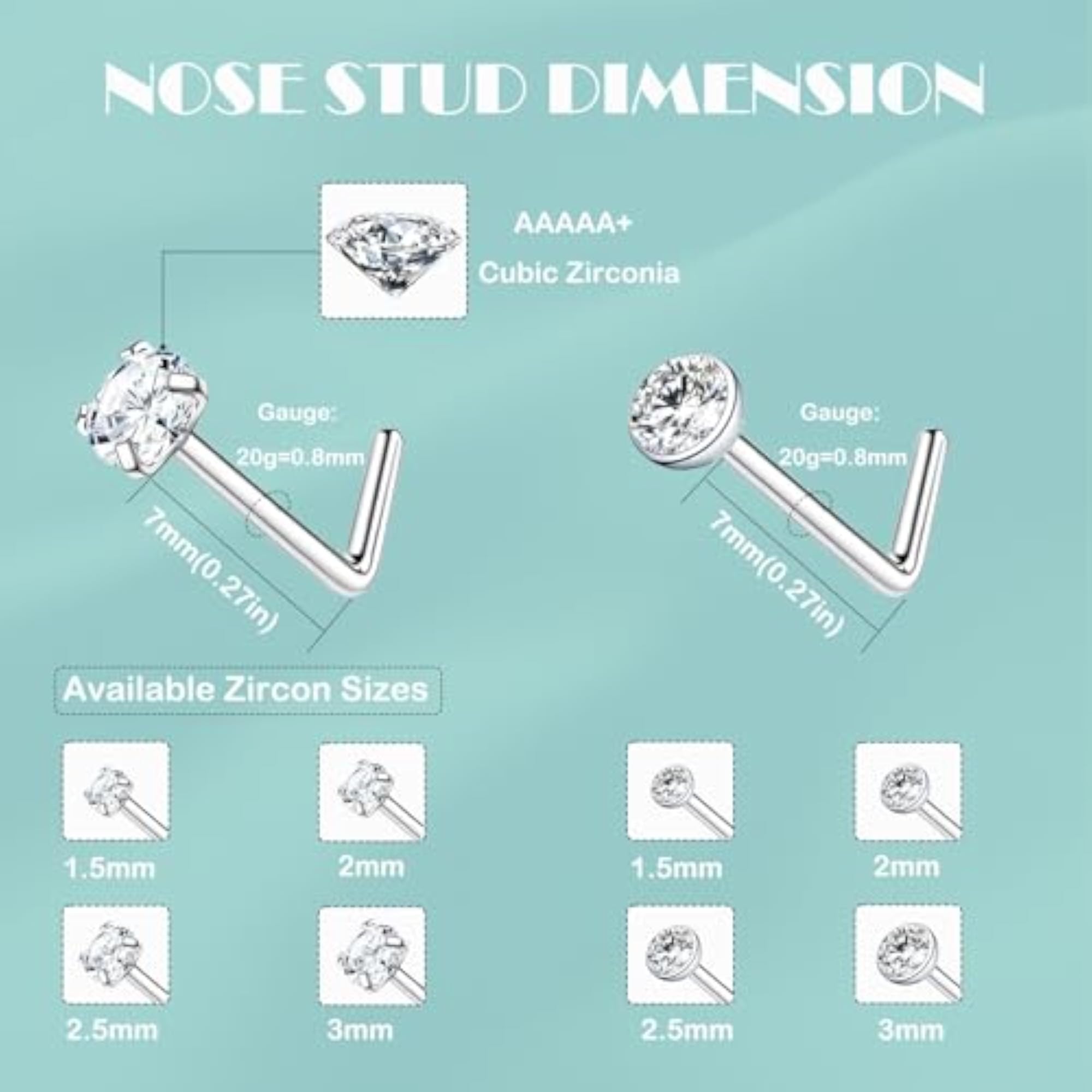 8pcs Stainless Steel Nose Studs Set with Cubic Zirconia