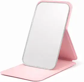 Mini Espelho de Maquiagem de Mesa Dobrável 6,5x11cm com Bolsa Portátil Espelho Sem Moldura Compacto para Beleza Viagem e Uso Diário (Rosa)