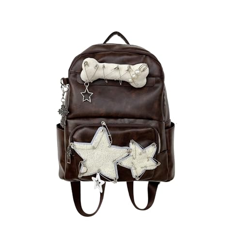 Cute PU Backpack Preppy, Y2K Star Vintage Fashion Bookbag, Aesthetic Emo 2000s Backpack for Women Men Casual Bag
