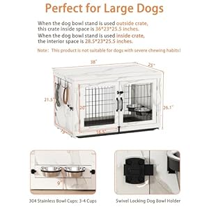 Piskyet Wooden Dog Crate Furniture with 360°Rotatable Removable Dog Bowls, Dog Crate End Table with Tray, Double Doors Dog Kennels forDogs(L:37.7" L*25.1" W*26.1" H, Marble White) Piskyet Wooden Dog Crate Furniture with 360Rotatable Removable Dog Bowls Dog Crate End Table with Tray Double Doors Dog Kennels forDogsL377 L251 W261 H Marble White
