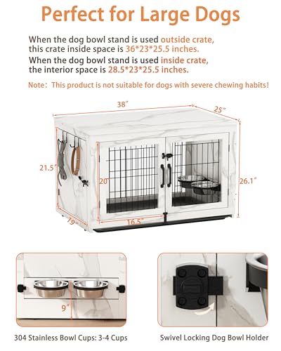 Piskyet-Wooden-Dog-Crate-Furniture-with-360Rotatable-Removable-Dog-Bowls-Dog-Crate-End-Table-with-Tray-Double-Doors-Dog-Kennels-forDogsL377-L251-W261-H-Marble-White Piskyet Wooden Dog Crate Furniture with 360Rotatable Removable Dog Bowls Dog Crate End Table with Tray Double Doors Dog Kennels forDogsL377 L251 W261 H Marble White