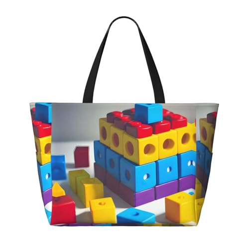 Colorful Building Blocks Large capacity beach bag with zipper, perfect for grocery bag pool gym travel shopping foldable beach travel bag,2