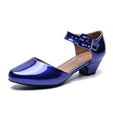 Enelauge Women's Ankle Buckle Strap Low Block Chunky Heels Closed Toe D'Orsay Pumps Dress Work Church Evening Shoes Royal Blue Patent 39-7.5US