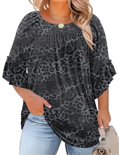 Image of Micoson Womens Plus Size Tops 3 /4 Ruffle Sleeve Crewneck Pleated Shirts