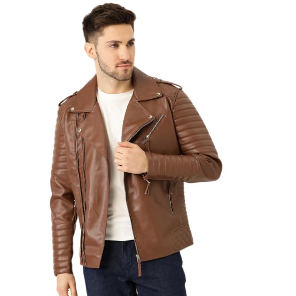 Leather Retail Faux Leather Full Sleeve Solid Biker Jacket for Men’s (Brown)