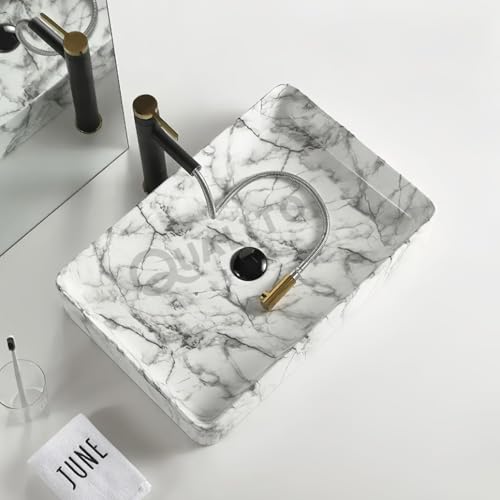 Image of QUALITO Designer Table Top Wash Basin for Bathroom, Living Room, Hall, Dinning Room | Big Size Ceramic Vessel Sink /Basin | Glossy Finish Marble Vanity Basin (24x14x5 Inch, Lexa)