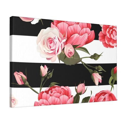 Toile fleurs noires et blanches rayées sans cadre 30x45 cm