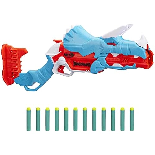 Nerf DinoSquad Tricera-Blast Dart Blaster, 12 Official Nerf Darts, Christmas Stocking Stuffers, Kids Outdoor Dinosaur Toys for 8 Years and Up, Triceratops Dinosaur Design