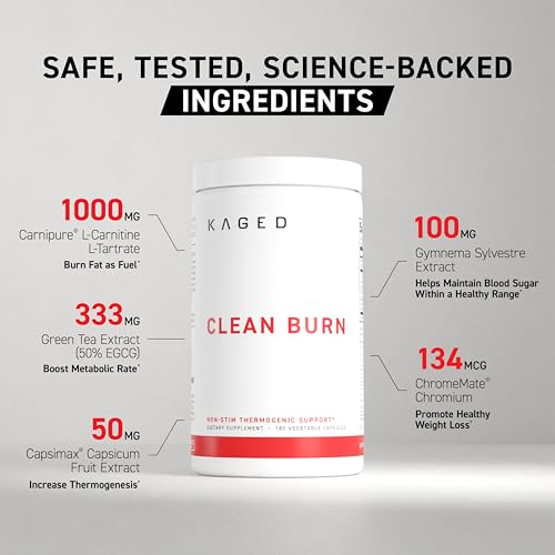 Image of Kaged Clean Burn Capsules | Unflavored | Thermogenic Weight Management | Boost Metabolism | Stimulant & Caffeine Free | Supplements for Men & Women | 90 Servings