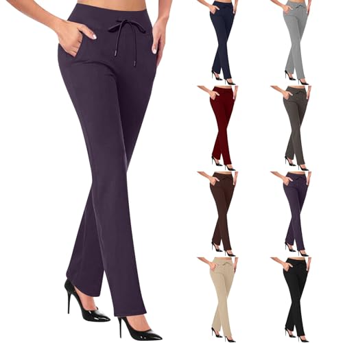 Women Slacks Pants Business Casual Pull On Straight Leg Business Casual Pant Dressy Slacks Dress Pants for Office Work 2025 Purple-1 Large