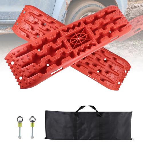 EXLECO 2 Stück Sandbleche Offroad Zubehör, Anfahrhilfe Auffahrkeile für Wohnmobil, Rangierhilfe PKW bis 10T, Traktionsmatte Auto für LKW Geländewagen, Anfahrhilfe Schnee mit Aufbewahrungstasche Rot