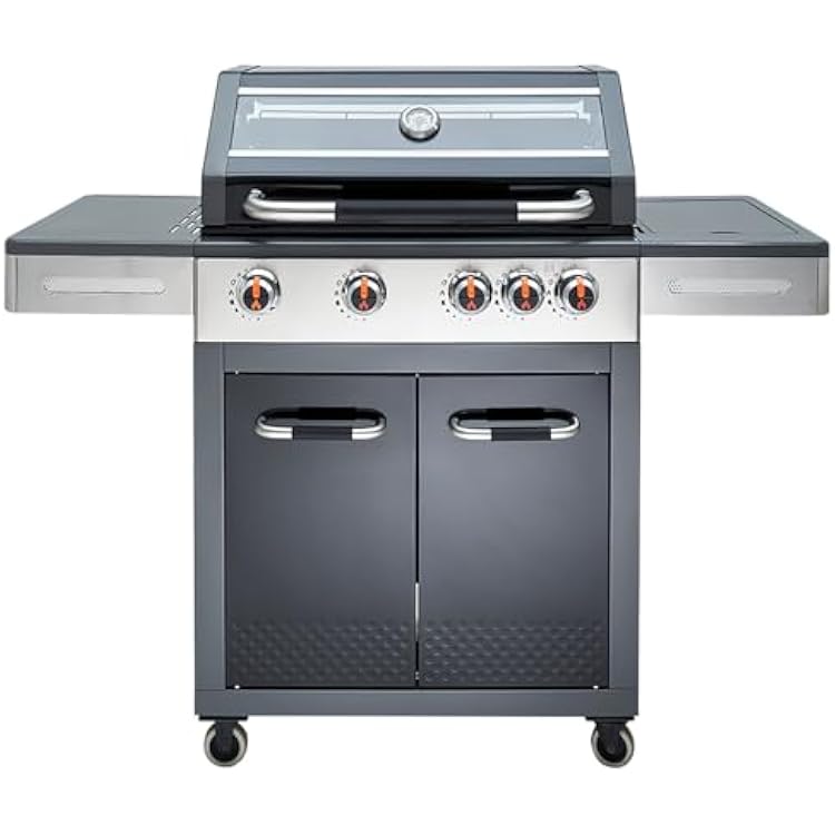 Gas 4B Outdoor BBQ Grill, Stainless Steel, Gray, 5 Burner Controls, Rolling Cart Design, 55.35x23.43x46.06 Inches