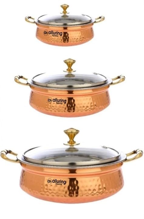 Alluring Homz Combo Hammered Steel Copper Casserole Handi Bowl with Glass Lid,Tableware and Serveware Serving Dishes Copper, Handi (300 ml +500 ml + 800 ml) Pack of 3