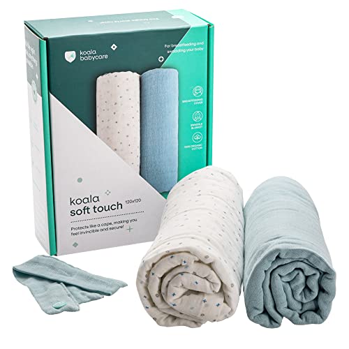 KOALA BABYCARE - Muselinas Bebe Algodon 120x120 - Paquete con 2 Unidades - Muselinas Grandes de algodón y como arrullo para recién Nacidos bebés - Azul Claro