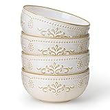 Artena Soup Bowls 32 OZ, Cereal Bowls Set of 4, Embossment Ceramic Ramen Bowls, 6.3 Inch White Salad Bowls, Large Dinner Bowls for Pho, Noodle, Pasta, Snacks, Dishwasher Microwave Safe, Damask Floral