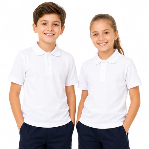 Image of Kids White Polo Neck T-Shirt | Half Sleeve Cotton Blend School Uniform Polo T-Shirt for Boys & Girls | PT Uniform, Sports, House Wear & Daily Activities