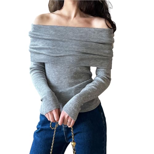 Image of Women Long Sleeve Off The Shoulder Sweater Tops Sexy Shirt Black White Red Cute Ribbed Fiited Blosue