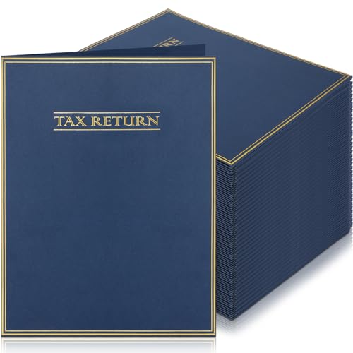 Nezyo Lot de 75 dossiers à deux poches pour déclarations de revenus, format lettre, bleu foncé, avec poches et étiquettes dorées imprimées pour ranger ou...