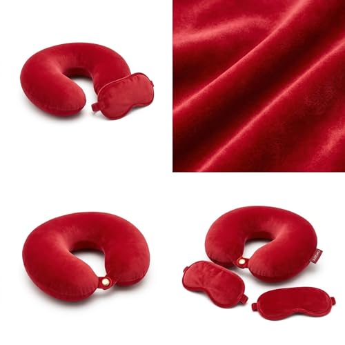 Image of Travel Neck Pillow for Adults, Fiber Filled U-Shaped Neck Support Pillow with Button Closure, Soft Plush Neck Cushion for Airplane, Car, Office & Travel (red)