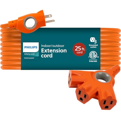 Philips EZGrip Outdoor Extension Cord with Multiple Outlets, Grounded 3 Prong Cord, Long Extension Cord Indoor with Multiple Outlets, Heavy Duty Extension Cord, 25 Ft, 16 AWG, Orange, SPC3253ZO/37-T1