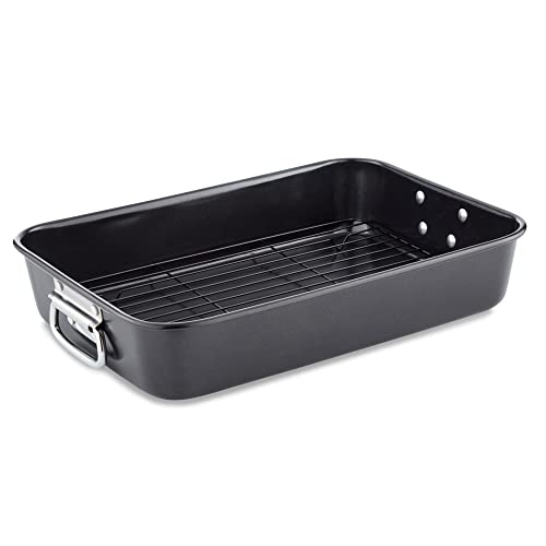 Tower T943002HG52 28cm Roaster and Rack with Handles, Made in Aluminised Steel with Non-Stick Coating, Black