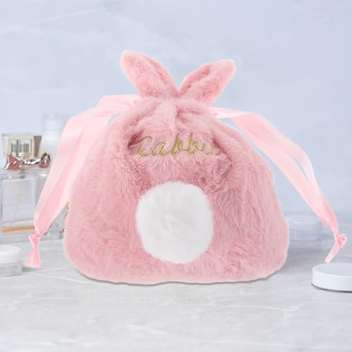 Bolsa cordón para maquillaje con tierno diseño de conejo rosa y tamaño compacto 6