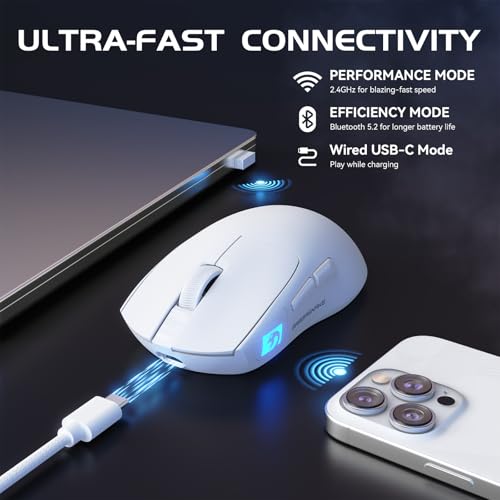 Image of MAMBASNAKE M4 Ultra-Light Wireless Gaming Mouse 52g, 24000 DPI PAW3311 Optical Sensor,2.4G /BT /Wired Ergonomic Computer Mice, RGB Lighting,400mAh Battery, Programmable Mouse for PC /Win /MAC-White